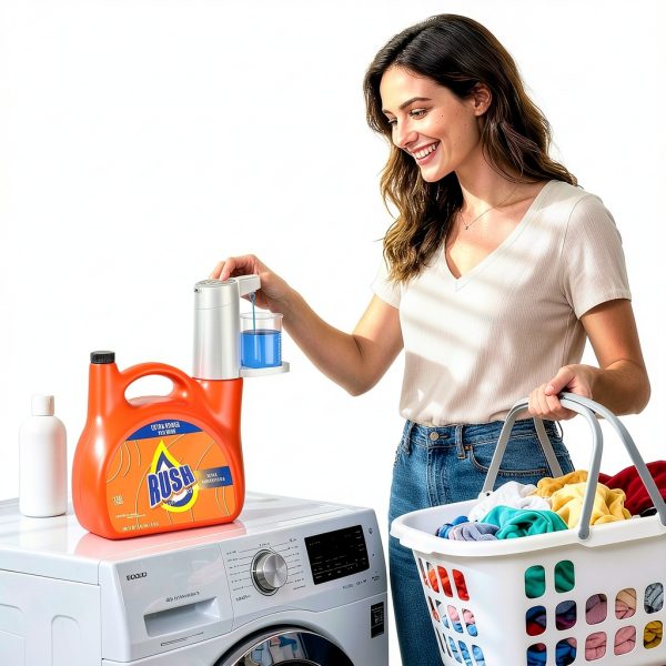 Electric Laundry Detergent Dispenser, 2000mAh USB-C Rechargeable Laundry Soap Dispenser Pump, 15-75 ml One-Press Dose, No-Spill for Liquid Detergent Containers, Laundry Organization(White)-2